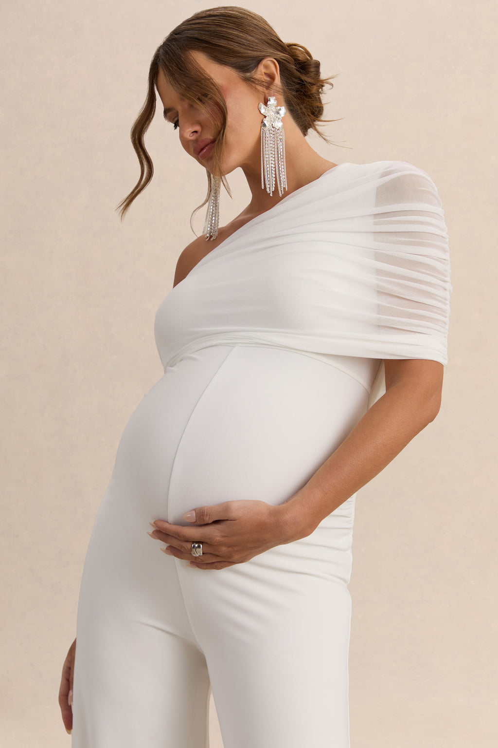 Mariska | White Asymmetric-Neck Maternity Jumpsuit
