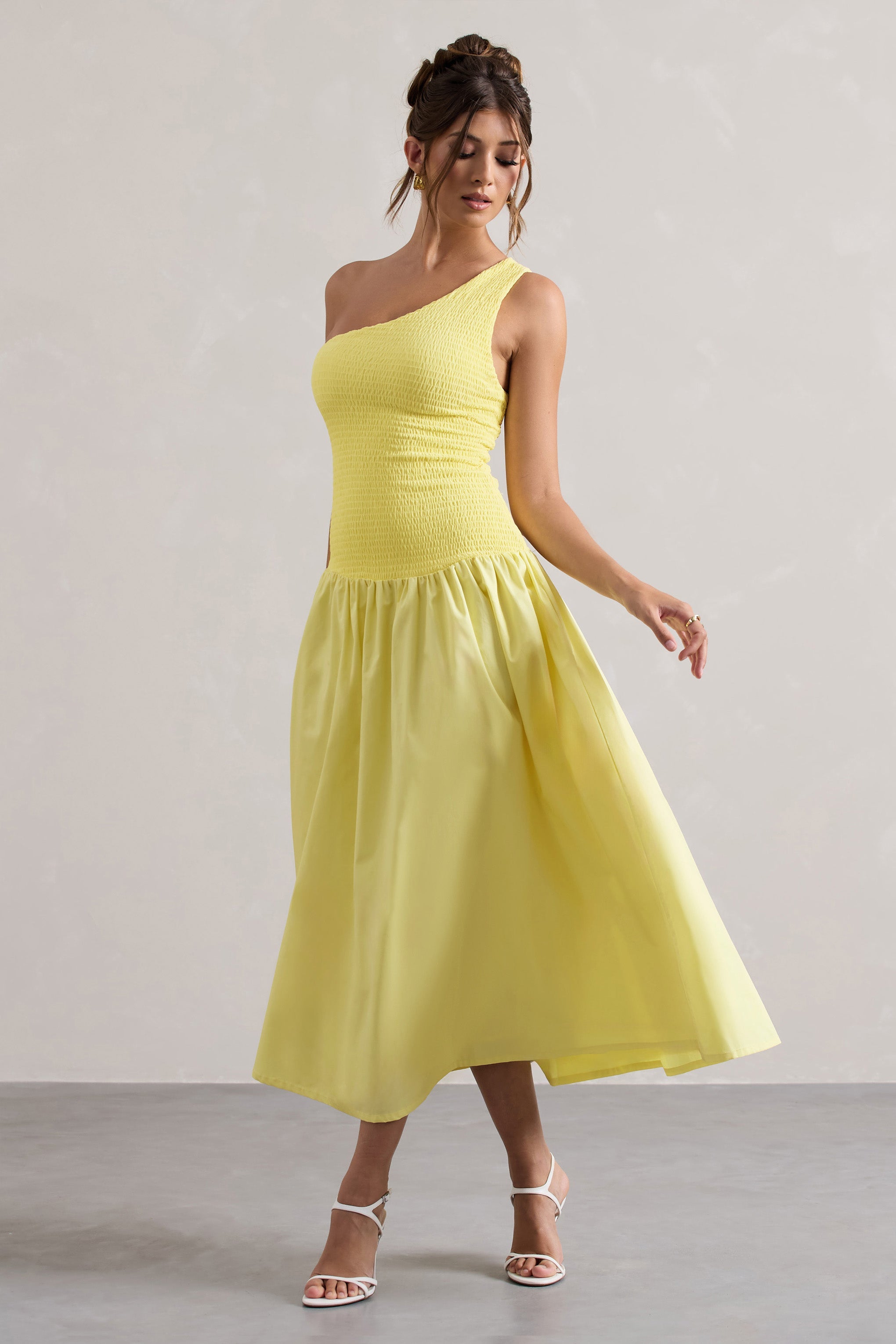 Sorbet | Lemon Poplin One Shoulder Pleated Maxi Dress