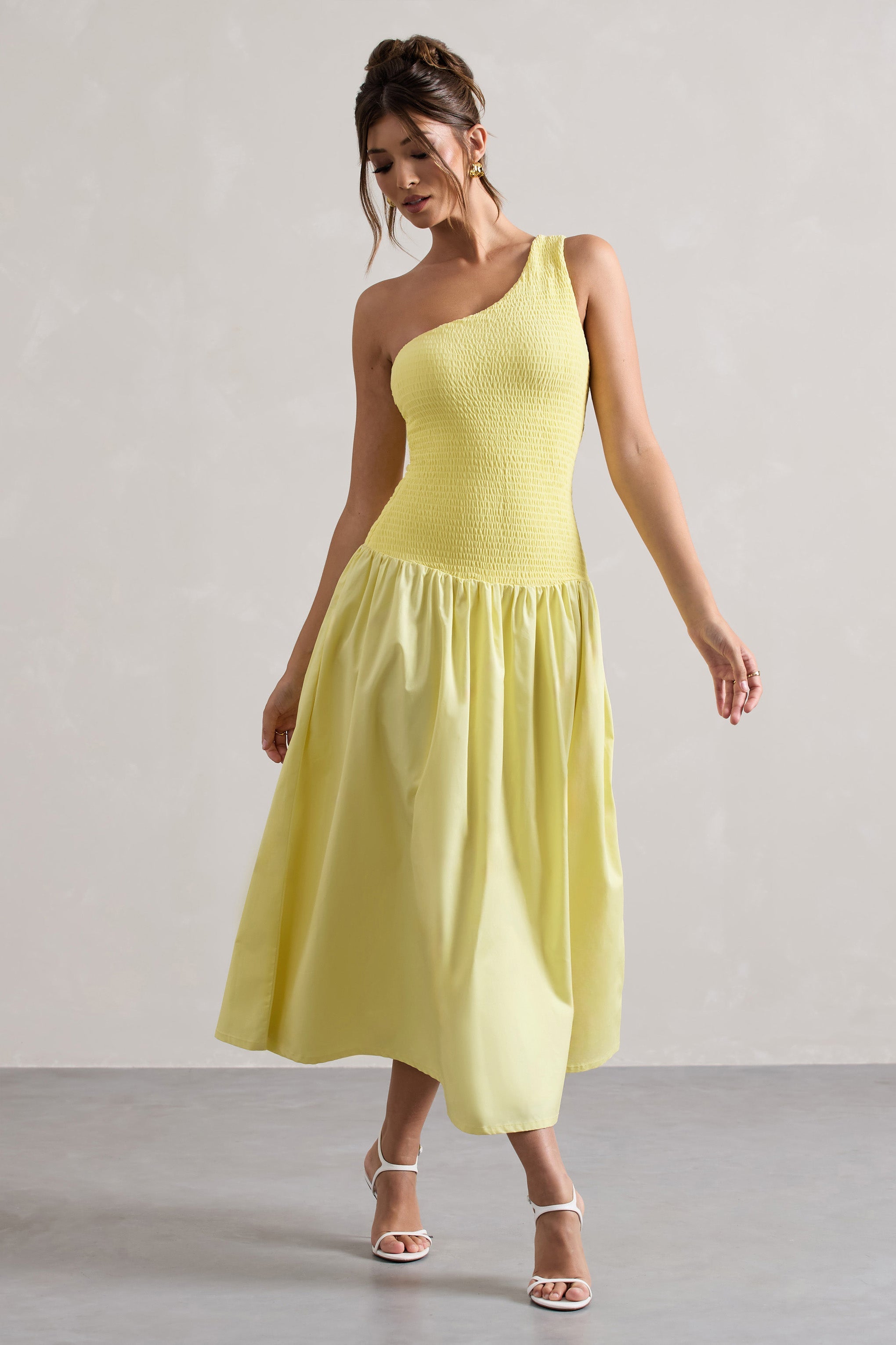 Sorbet | Lemon Poplin One Shoulder Pleated Maxi Dress