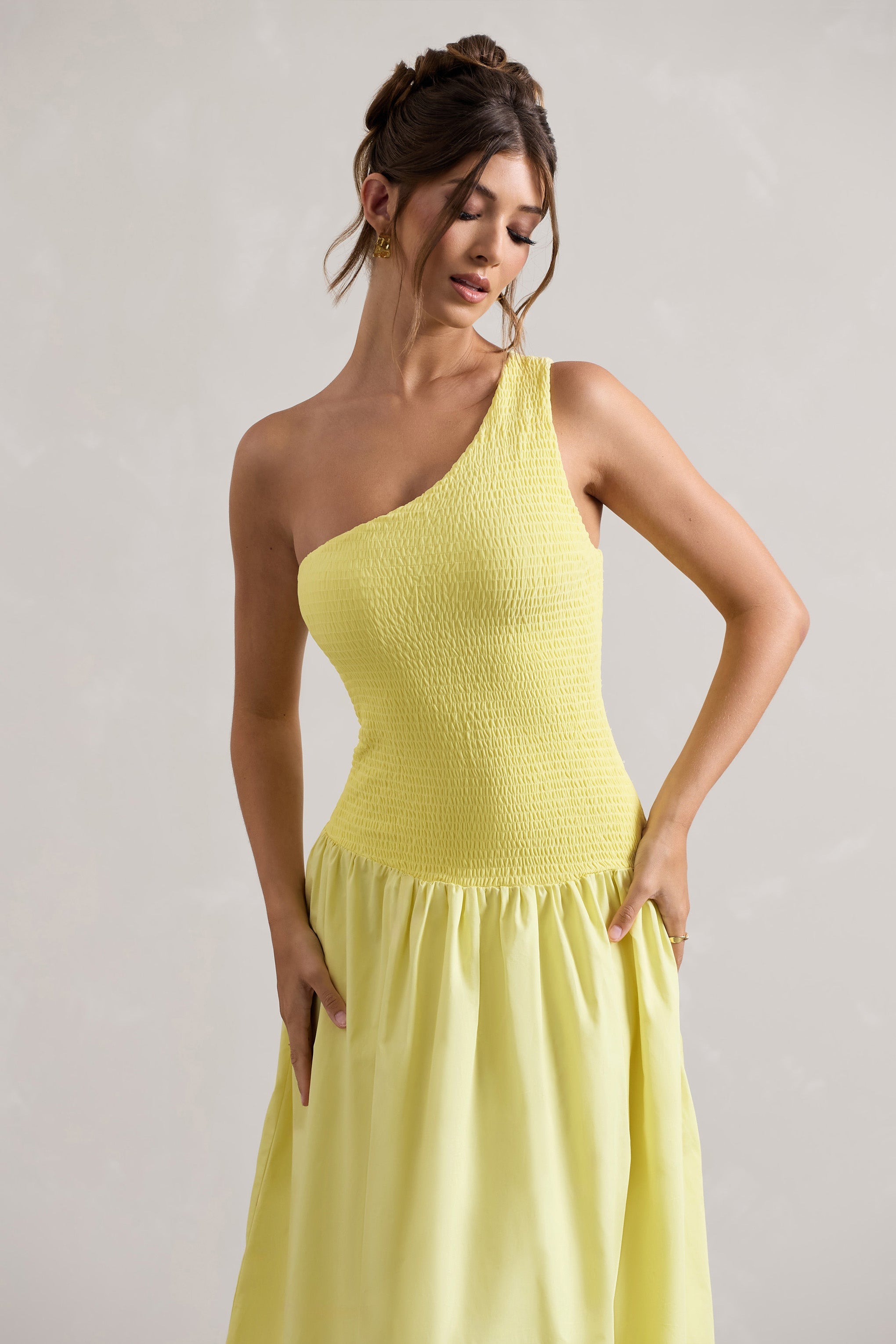 Sorbet | Lemon Poplin One Shoulder Pleated Maxi Dress