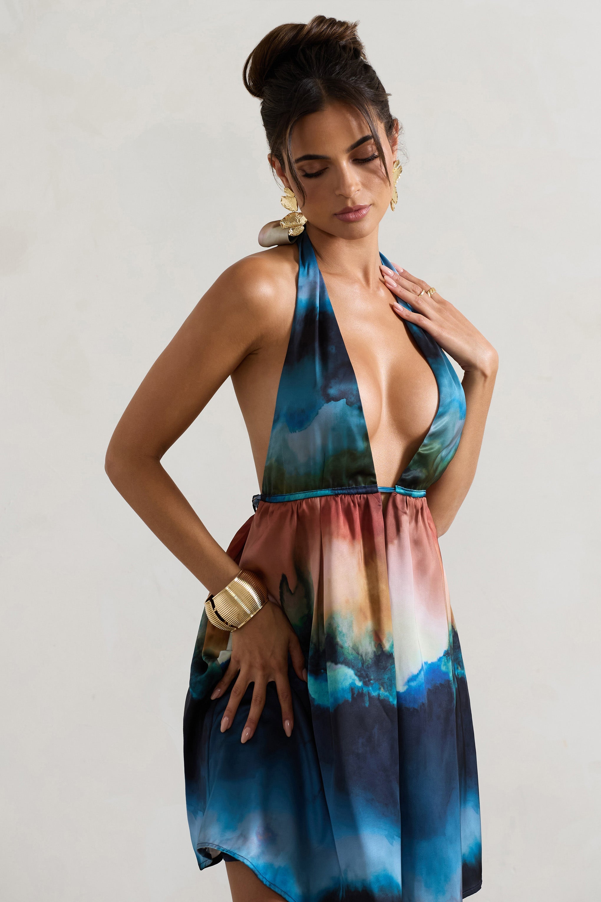 Naxos | Multi Blur Print Plunge-Neck Babydoll Mini Dress