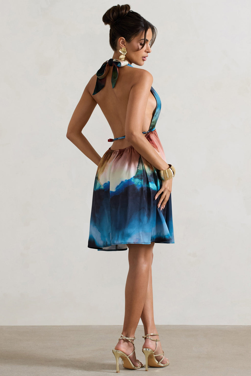 Naxos | Multi Blur Print Plunge-Neck Babydoll Mini Dress