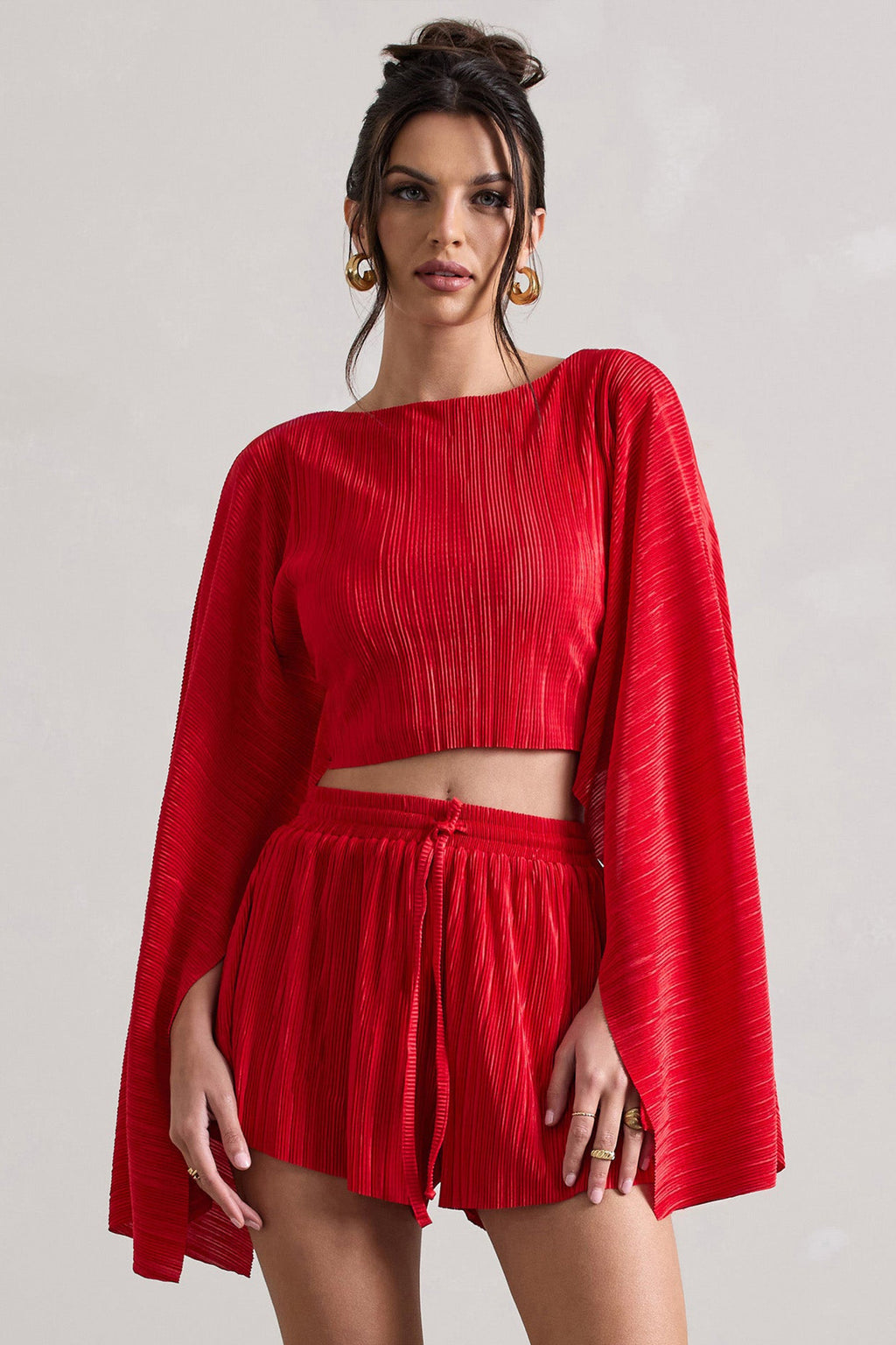 Flare | Red Plisse Cape Sleeve Crop Top