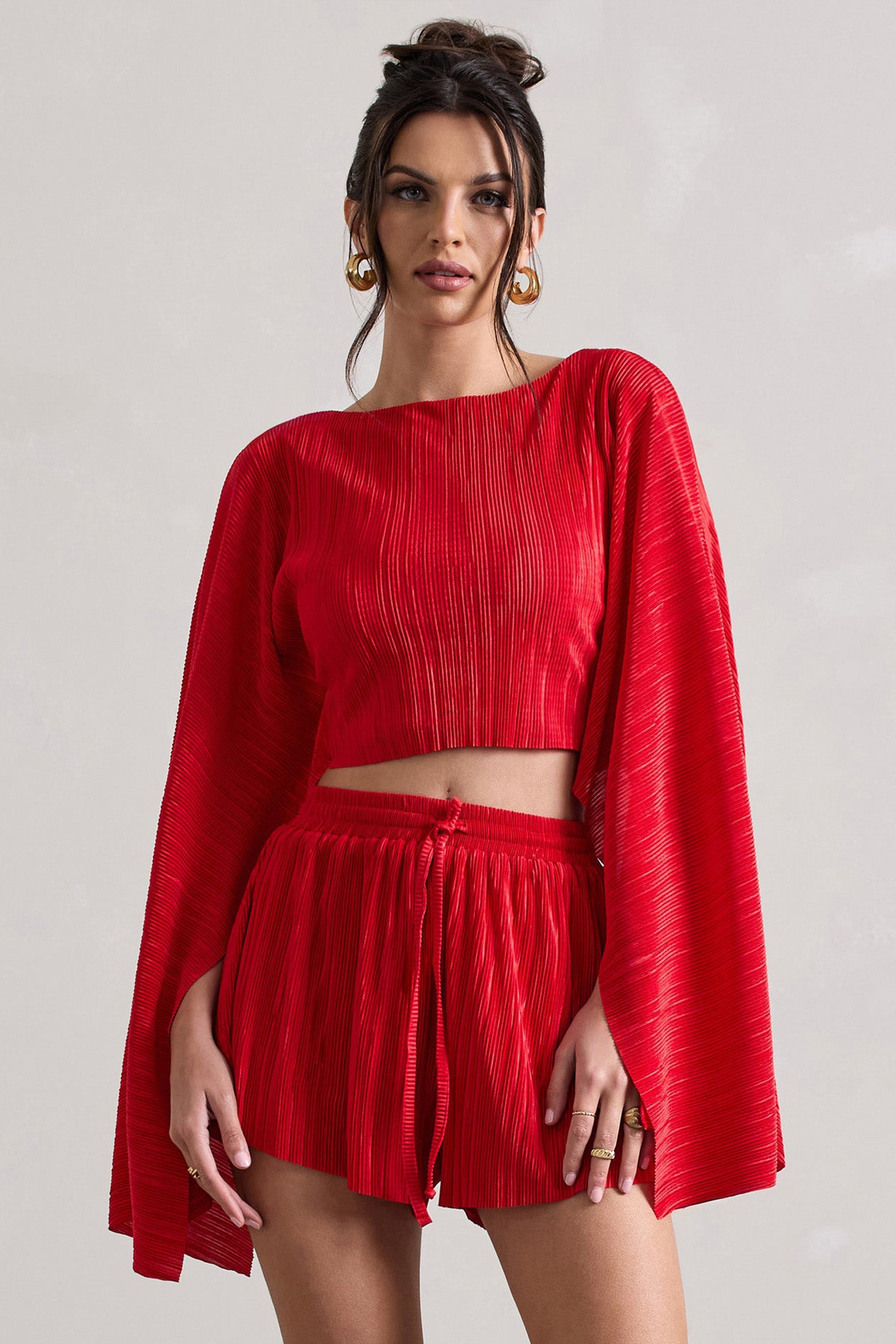 Flare | Red Plisse Cape Sleeve Crop Top