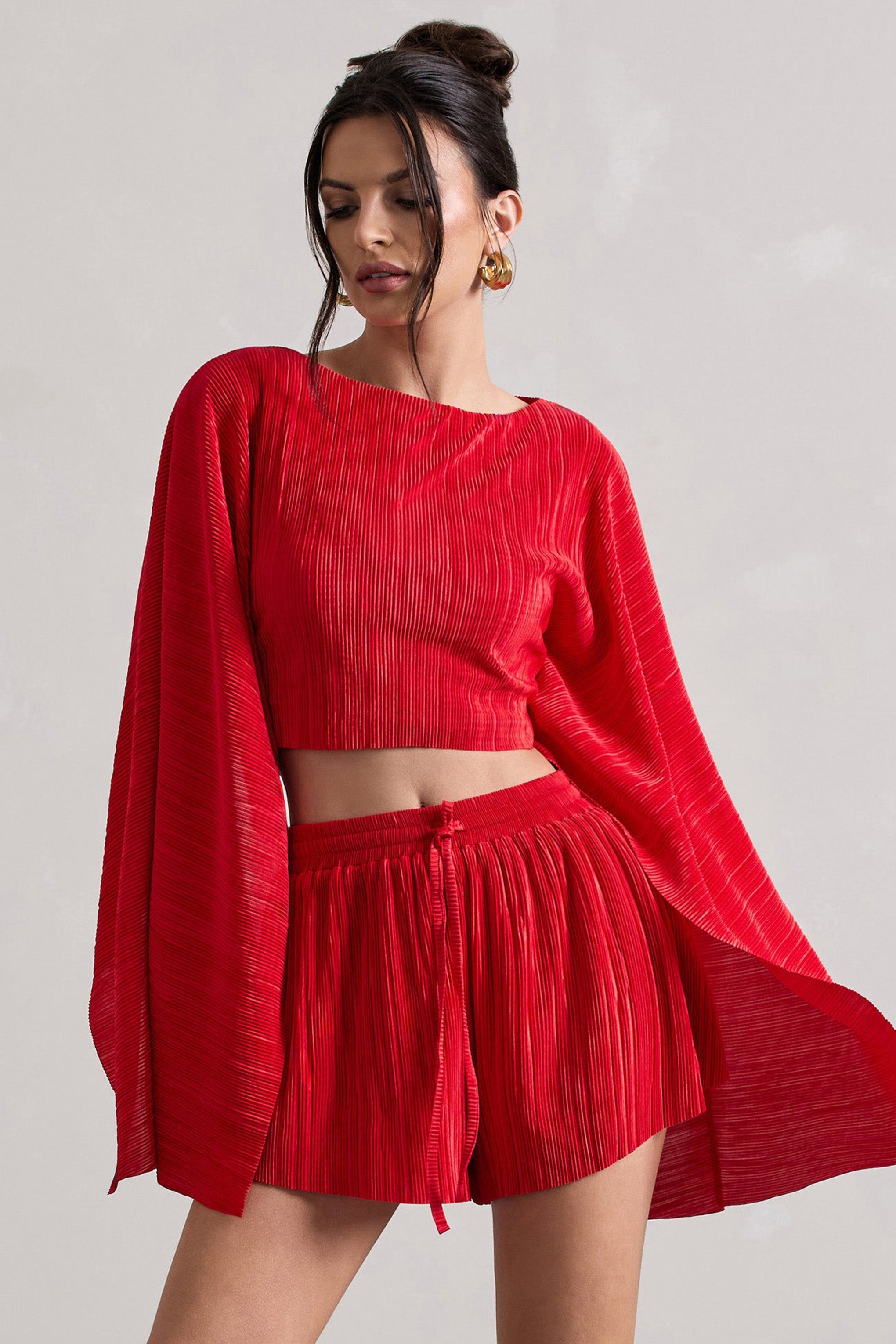 Flare | Red Plisse Cape Sleeve Crop Top