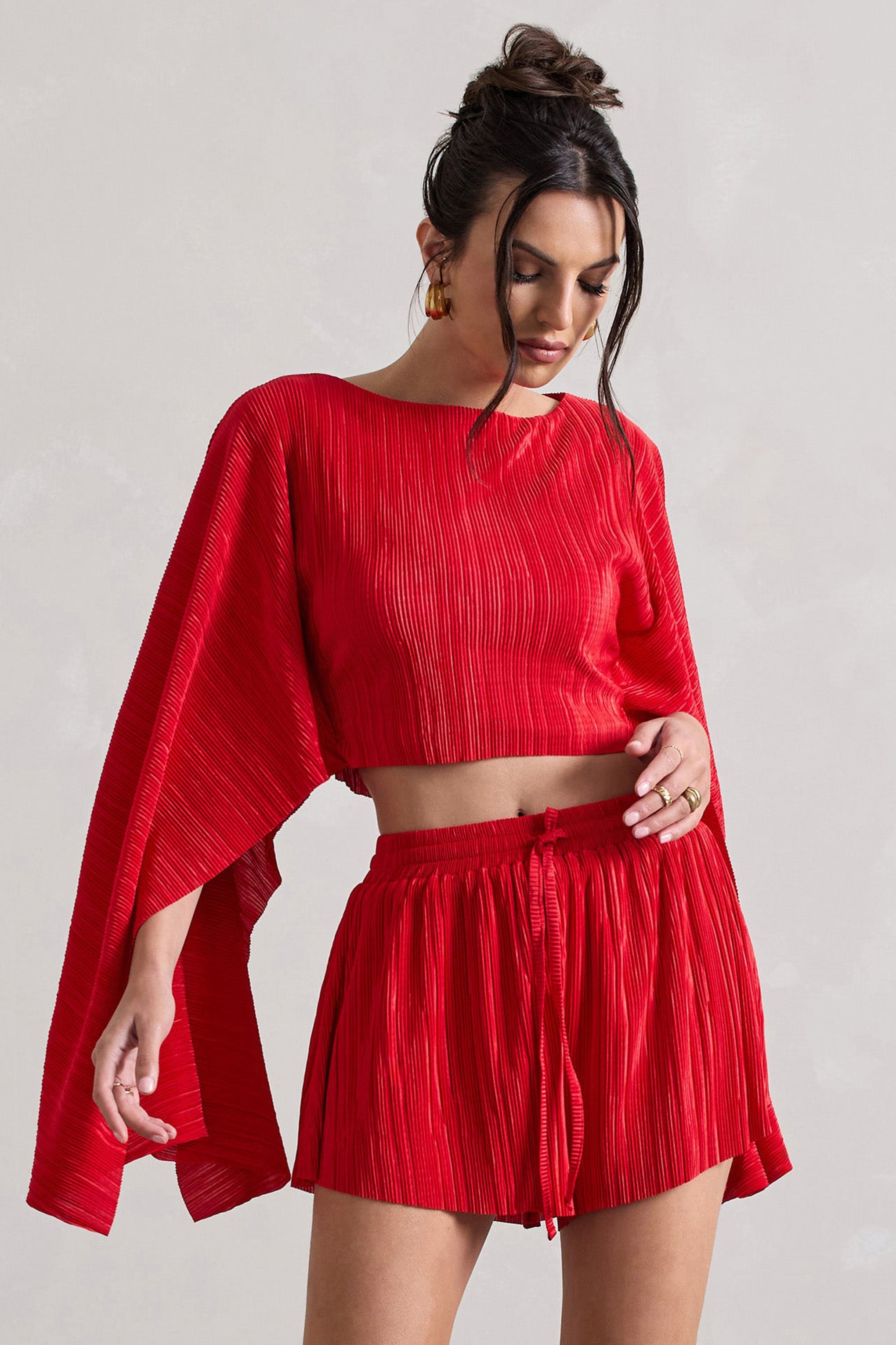 Flare | Red Plisse Cape Sleeve Crop Top