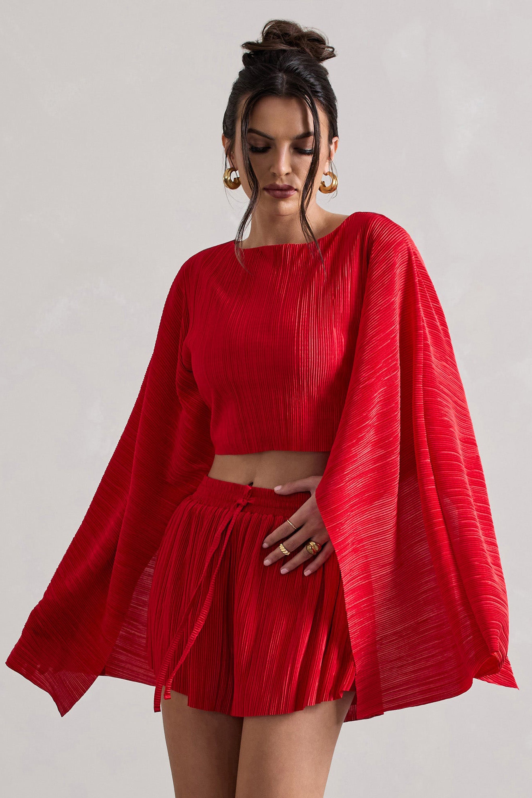 Flare | Red Plisse Cape Sleeve Crop Top
