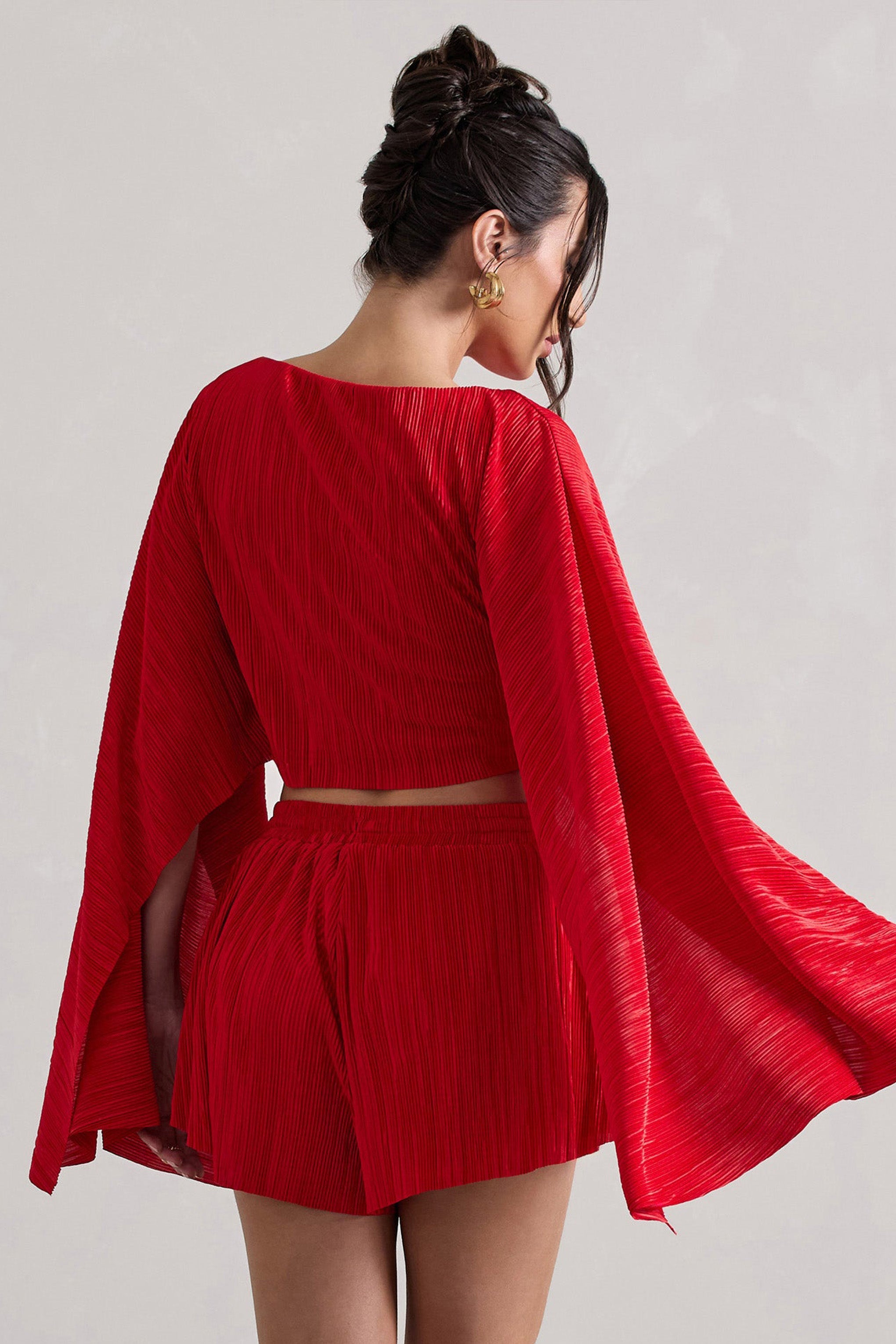 Flare | Red Plisse Cape Sleeve Crop Top