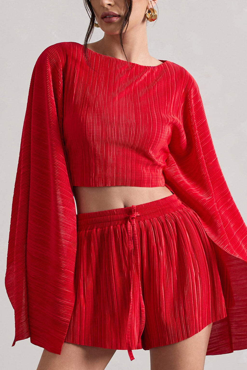 Flare | Red Plisse Cape Sleeve Crop Top