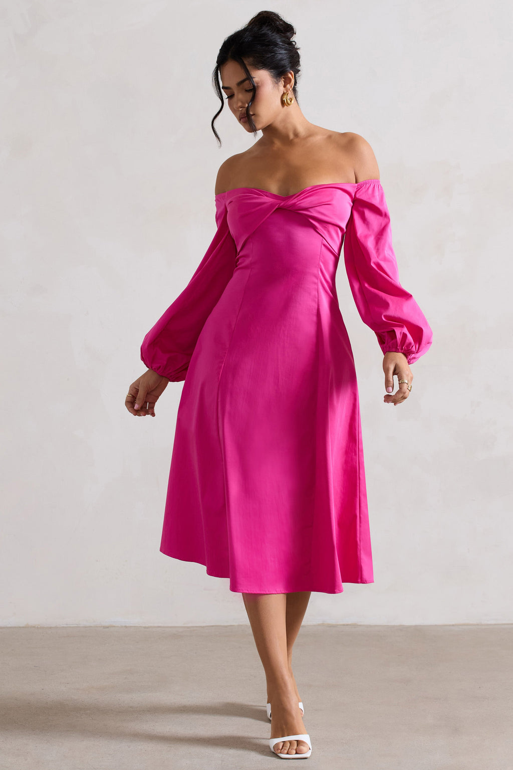 Santino | Hot Pink Twisted Bardot Puff-Sleeve Midi Dress