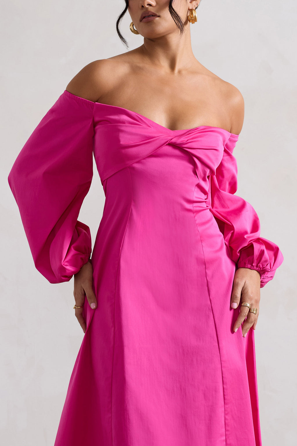 Santino | Hot Pink Twisted Bardot Puff-Sleeve Midi Dress