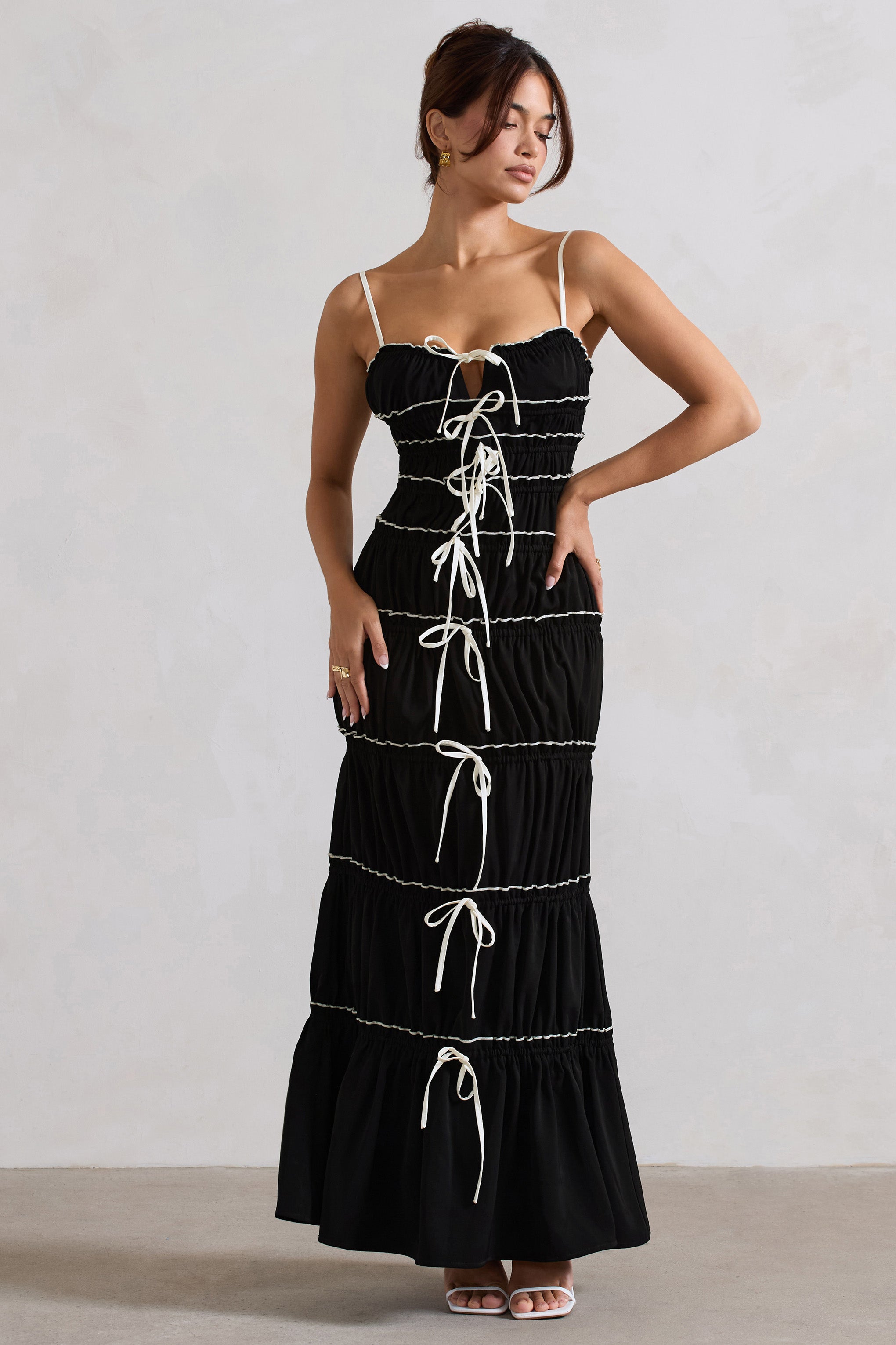 Summer Breeze | Black Strappy Gathered Tiered Maxi Dress