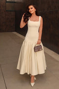 Parida | Cream Poplin Drop-Waist Midi Dress With Peplum Hem